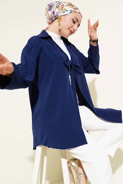 Klasik Yaka Bağlamalı Kimono Lacivert ürün görseli 1