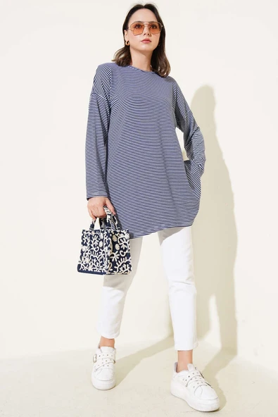 Çizgili Penye Tunik Lacivert - Resim 2