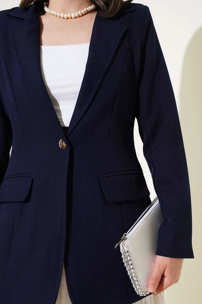 Cep Kapaklı Tek Düğmeli Blazer Ceket Lacivert - Resim 4