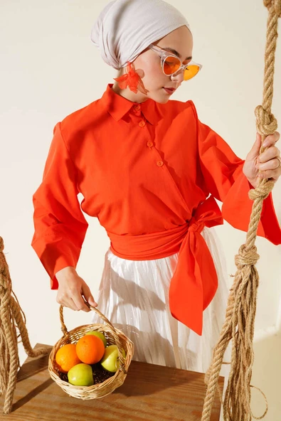 Düğmeli Yan Bağlamalı Kısa Gömlek Oranj ürün görseli 1