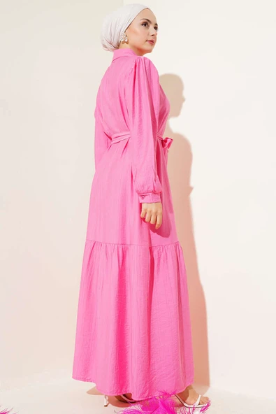 Boydan Düğmeli Volanlı Elbise Pembe - Resim 3