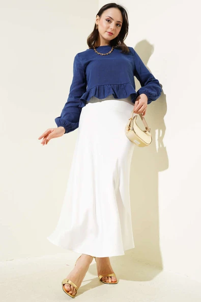 Fırfırlı Keten Bluz Lacivert - Resim 2