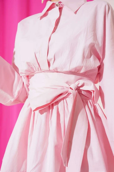 Kuşak Büzgülü Yarım Düğmeli Tunik Pembe - Resim 4