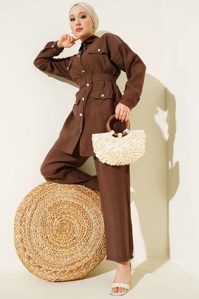 Metal Düğmeli Kemerli İkili Takım Kahve ürün görseli 1