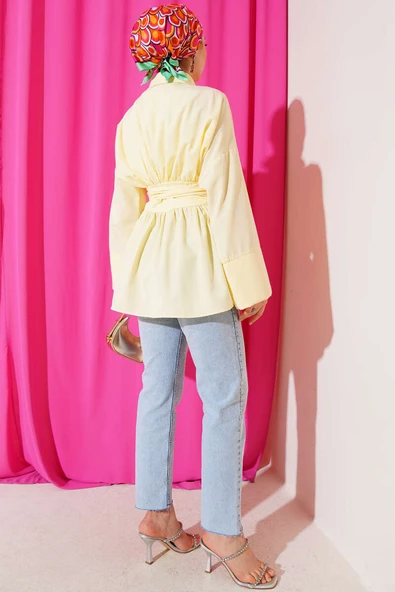 Kendinden Kuşaklı Önü Büzgülü Tunik Sarı - Resim 3