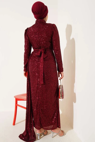 Fermuarlı Pullu Kuşaklı Abiye Elbise Bordo - Resim 3