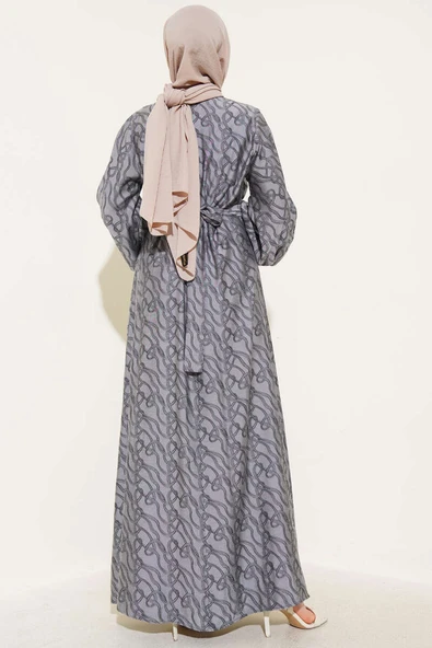 Bilek Lastikli Düğüm Desen Elbise Gri - Resim 3