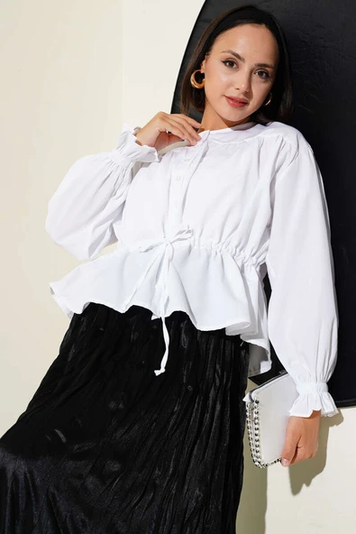 Bilek Lastikli Bel Tünelli Kısa Gömlek Beyaz ürün görseli 1