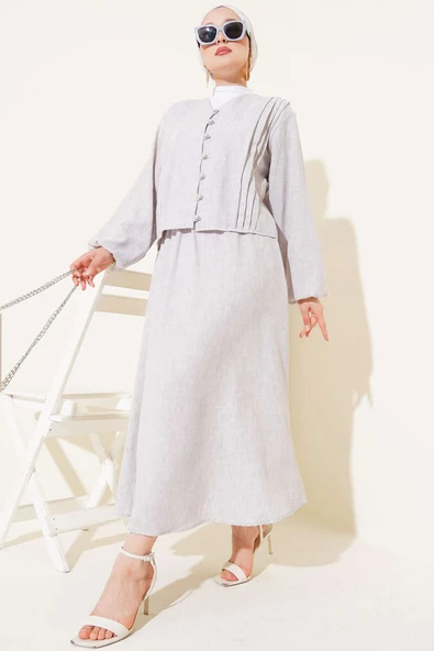 Brit Düğmeli Önü Pileli Etekli Takım Taş