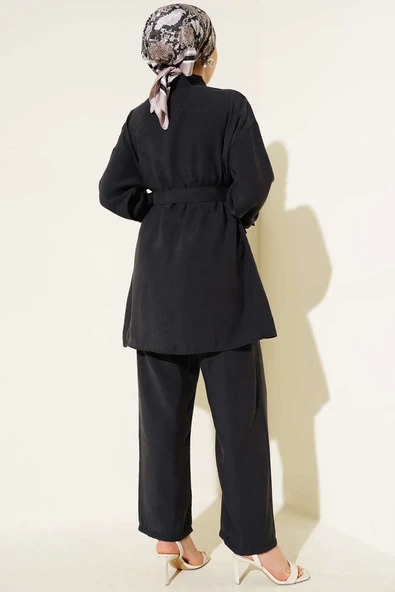 Metal Düğmeli Kemerli İkili Takım Siyah - Resim 3