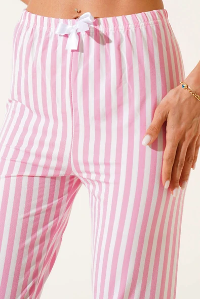 Desenli Pijama Çizgili Pembe - Resim 4