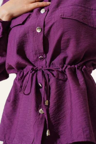 Bel Tünelli Cep Kapaklı Etekli İkili Takım Mor - Resim 4
