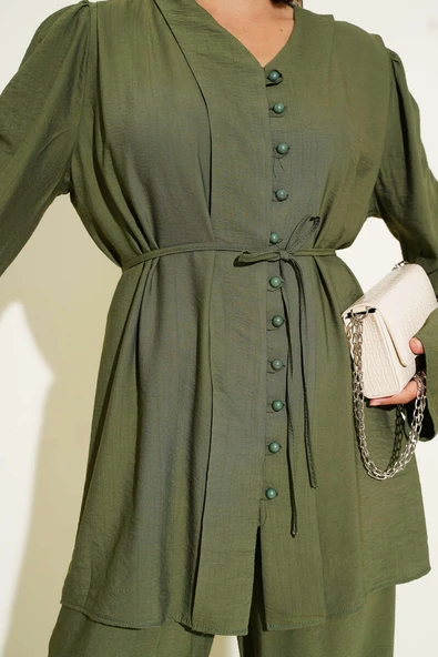 İp Kuşaklı Brit Düğmeli İkili Takım Haki - Resim 4