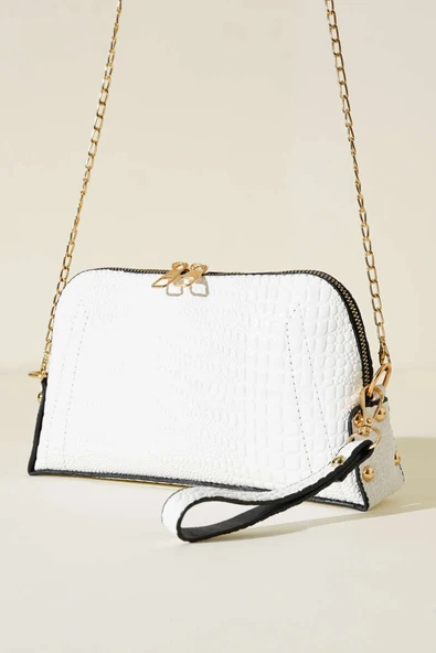 Fermuarlı Zincir Askılı Çanta Beyaz Kroko ürün görseli 1