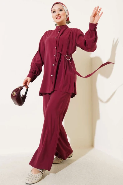 Yan Kemerli Düğmeli İkili Takım Bordo ürün görseli 1