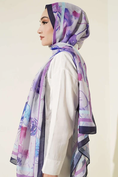 Çiçekli Şerit Geçiş Detaylı Şal Menekşe - Resim 3