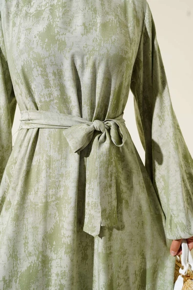 Kol Lastikli Desen Elbise Çağla Yeşili - Resim 4