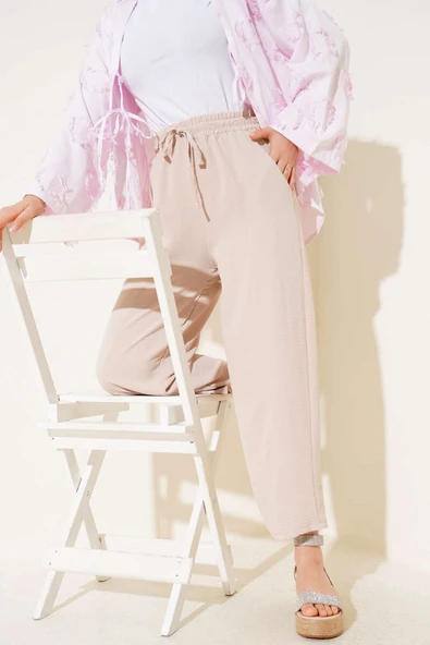 Çımalı Belinden Bağlamalı Pantolon Bej ürün görseli 1