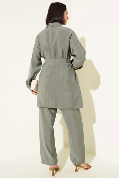 Metal Düğmeli Kemerli İkili Takım Çağla Yeşili - Resim 3