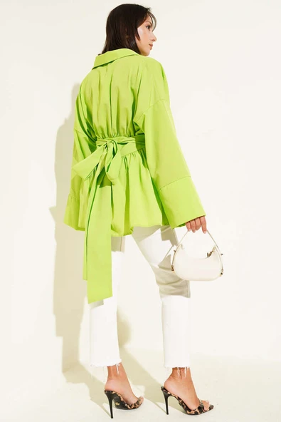 Kendinden Kuşaklı Önü Büzgülü Tunik Yeşil - Resim 3