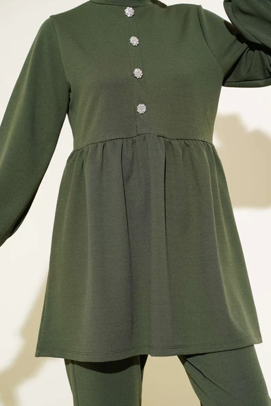 Taş Düğme Detaylı İkili Takım Haki - Resim 4