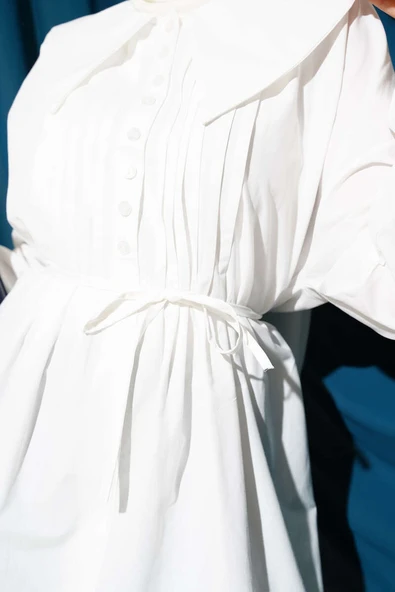 Yarım Düğmeli Nervürlü Tunik Beyaz - Resim 4