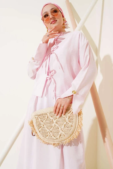 Önü İp Bağcıklı Jile İkili Takım Pembe - Resim 2