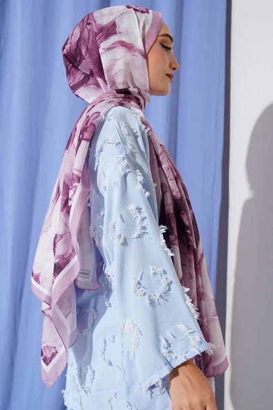 Gül Şerit Geçişli Şal Pudra - Resim 3