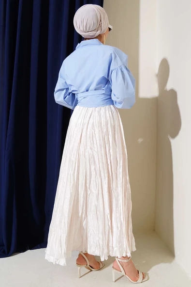 V Yaka Bağlamalı Kısa Gömlek Mavi - Resim 3