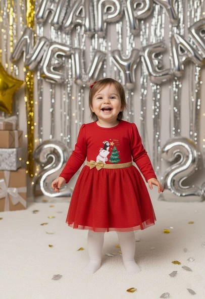 Kız Bebek Beli Fiyonk Detaylı Anvelop Yılbaşı Elbisesi NBK-24923 - Resim 7