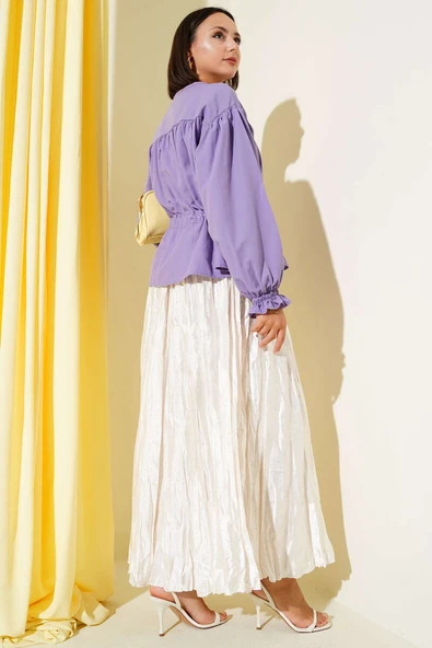 Bel Tünelli Pileli Kısa Gömlek Lila - Resim 3