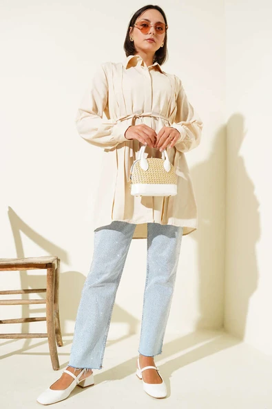 Önü Pensli İp Kuşaklı Tunik Bej - Resim 2