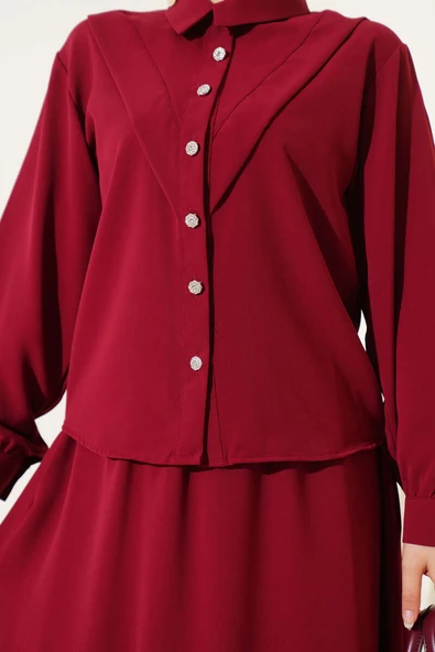 V Dikişli Etekli İkili Takım Bordo - Resim 4