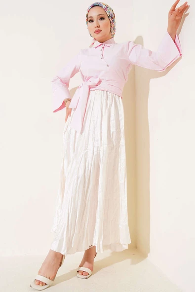 Yandan Bağlamalı Çapraz Düğmeli Kısa Gömlek Pembe - Resim 2