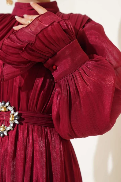 Bilekten Fırfırlı Şal Hediyeli Elbise Burgonya - Resim 4