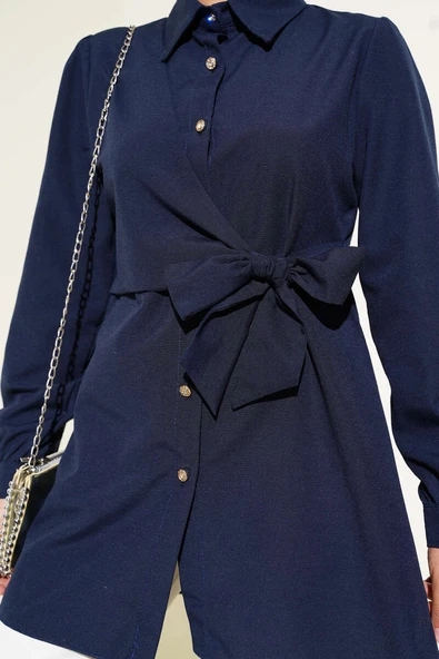 Düğmeli Yandan Bağlamalı Gömlek Lacivert - Resim 4