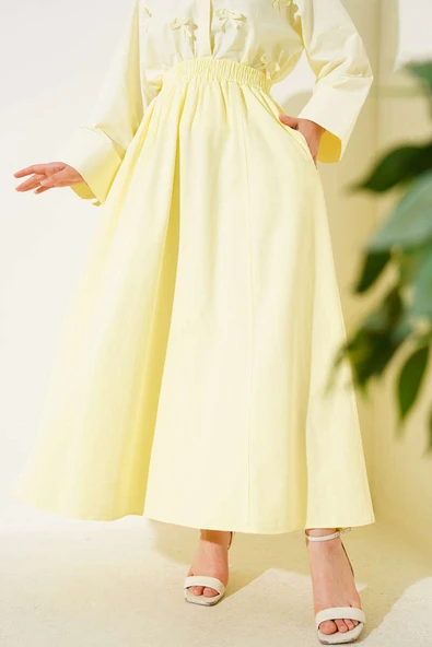 Keten Kloş Beli Lastikli Etek Sarı ürün görseli 1