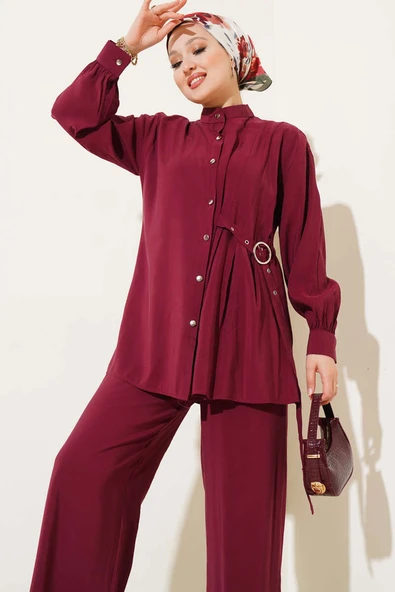 Yan Kemerli Düğmeli İkili Takım Bordo - Resim 2