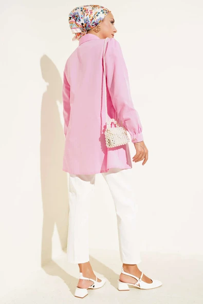 Düğmeli Yandan Bağlamalı Gömlek Pembe - Resim 3