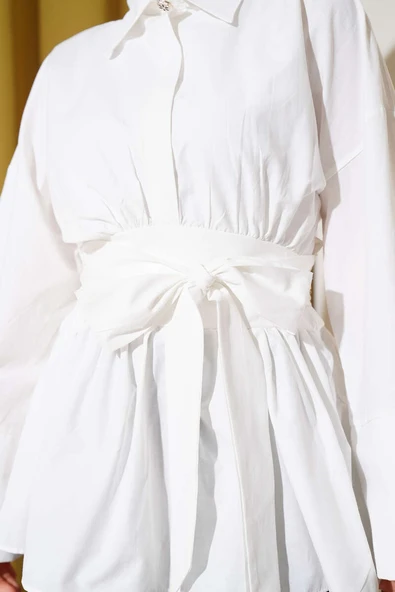 Kuşak Büzgülü Yarım Düğmeli Tunik Beyaz - Resim 4