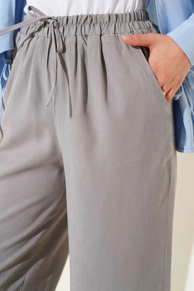 Bel Lastikli Tencel Pantolon Gri - Resim 4