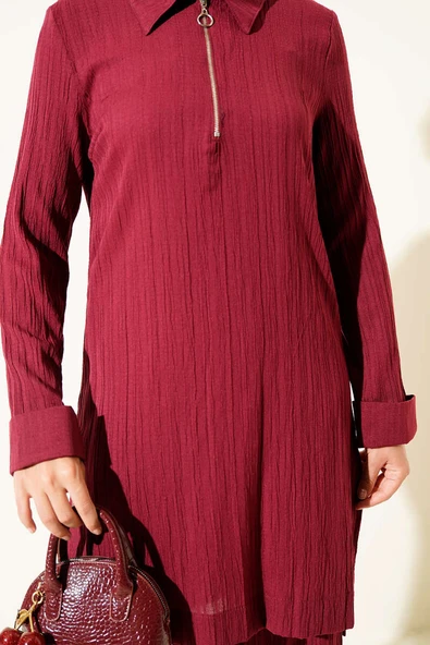 Krinkıl Yarım Fermuarlı İkili Takım Bordo - Resim 4