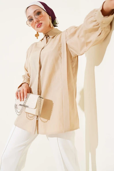 Omuz Pile Detaylı Gömlek Bej ürün görseli 1