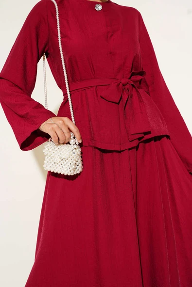 Belden Bağlamalı Etekli İkili Takım Bordo - Resim 4