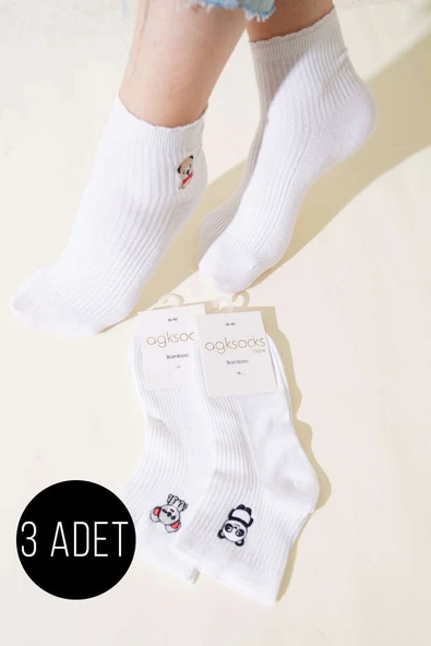 Bayan 3lü Hayvan Nakışlı Kısa Konç Çorap Asorti 1 ürün görseli