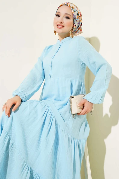 Yarım Düğmeli Hakim Yaka Müslin Elbise Mavi - Resim 2
