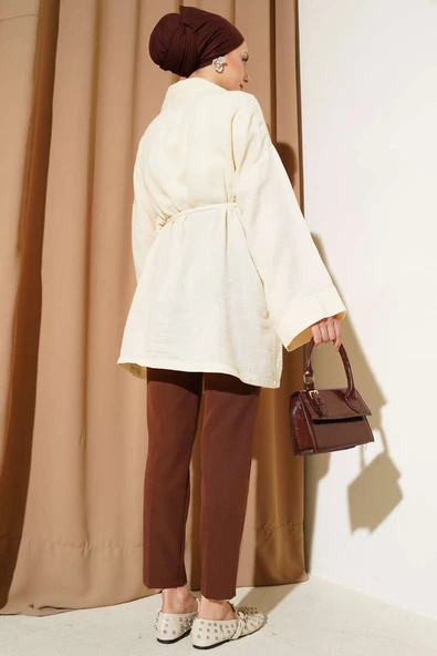 Müslin Belden Bağlamalı Kimono Krem - Resim 3