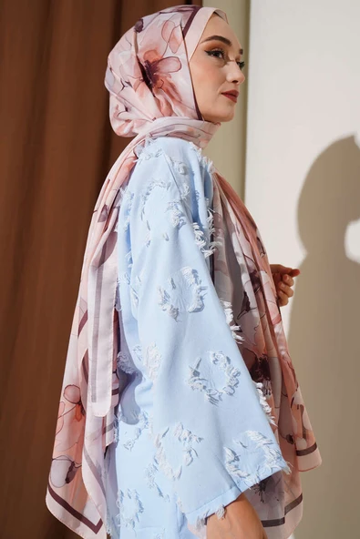 Ebruli Çiçek Şerit Geçişli Şal Somon - Resim 3