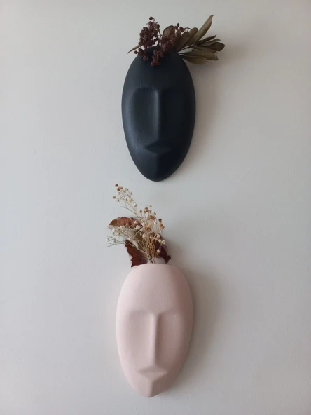 Dekoratif 2'li Yüz Duvar Vazosu, Duvar Süsü ,Heykel Aksesuar Siyah Bej maske - Resim 4