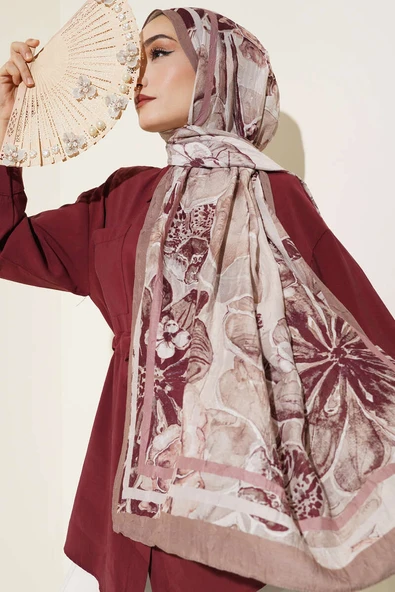 Şerit Geçişli Otantik Desenli Şal Açık Kahve - Resim 1